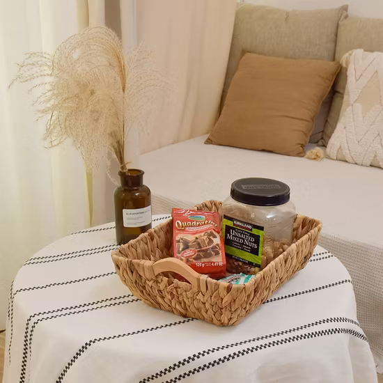 Cesta de armazenamento de jacinto de água de rattan natural com alça de madeira